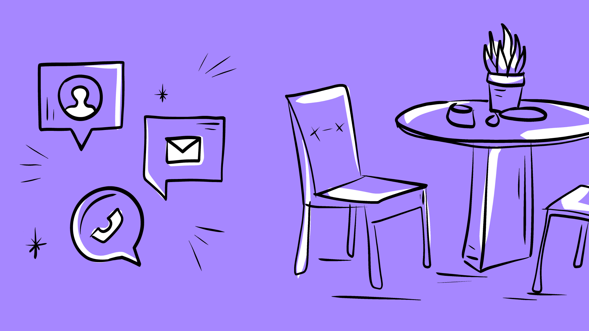 Illustration showing icons with a phone, email, and a profile next to a restaurant table